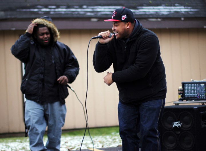 Andre Williams and Anthony Russell rap outside Leake Temple Nov. 1.