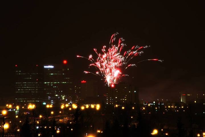 Fireworks over downtown Anchorage New Year's Eve, as seen from Tyson Elementary School.